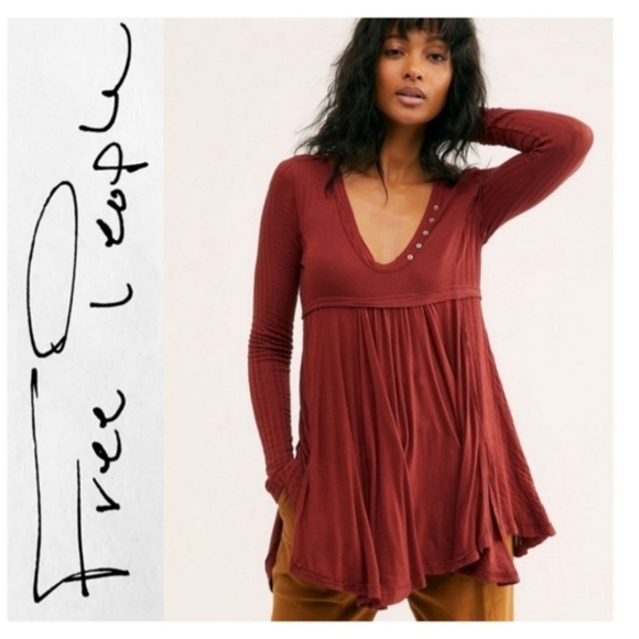 Free People Birdie Henley Top in Cowboy Flowy Tunic Top Brick Red Small - Picture 10 of 13